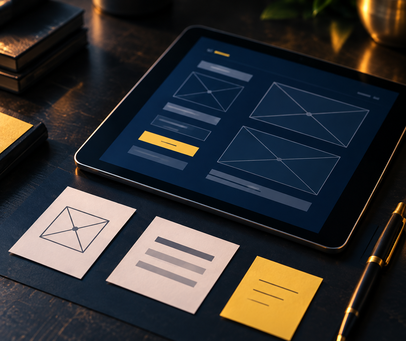 Illustrazione concettuale: un tablet con lo schema di una pagina e piccoli elementi disegnati su carta.