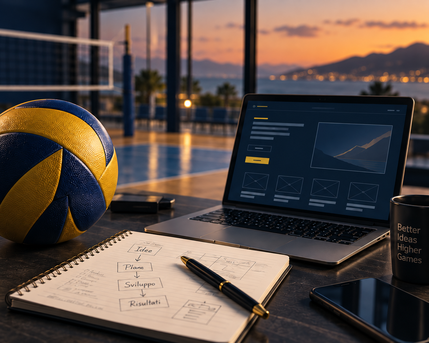 Composizione illustrativa: un pallone da pallavolo, un quaderno e un computer, tra il campo e il paesaggio costiero al tramonto.